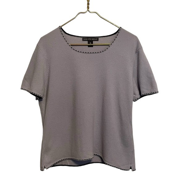 Saks Fifth Avenue Light Blue Gray Trim 100% Cashmere Sweater Crew Neck XL - Picture 3 of 7